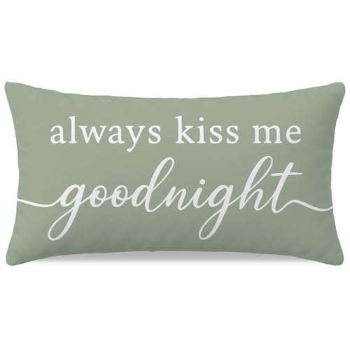 Always Kiss Me Goodnight Lumbar Pillow Cover, 12x20 Sage Green Throw Case