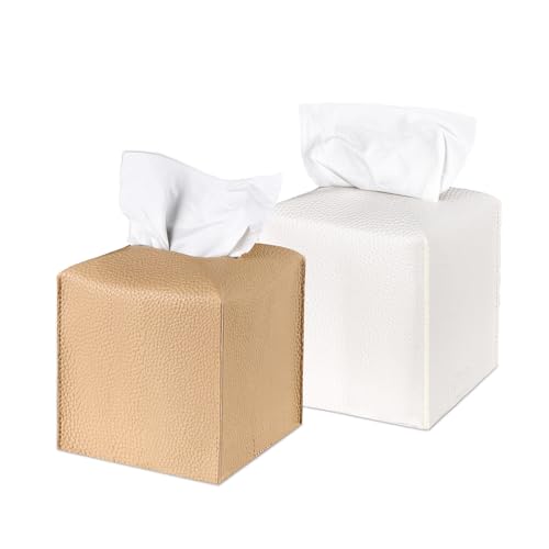 LIVESO PU Leather Tissue Box Cover - 2 Pack Beige & White