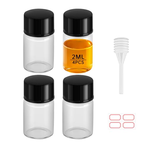 eispap 2ml Mini Glass Bottles Clear Essential Oil Vials with Black Lids, 4 Pack