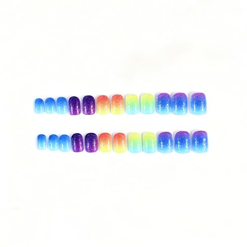 Short Square Press on Nails Glossy Gradient Rainbow Fake Nails 24 Pcs