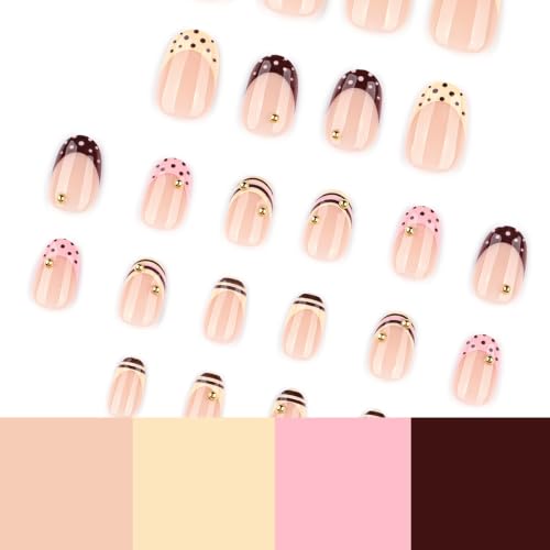French Tip Press On Nails Almond Shape Brown Glossy False Nails
