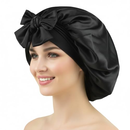 Cocosilk Black Satin Sleep Bonnet with Adjustable Tie Band for Curly Hair