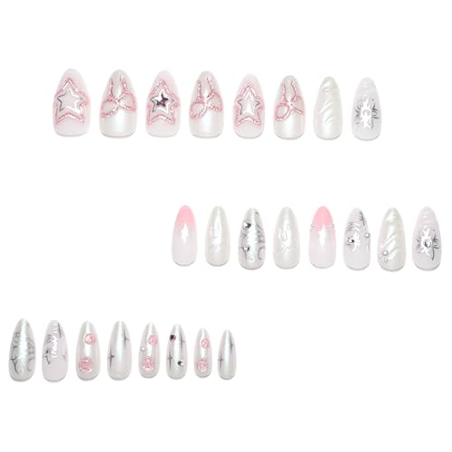 Medium Almond Press on Nails with Bow Star Pearl and Rhinestone Designs - 24 Pcs Acrylic Fake Nails