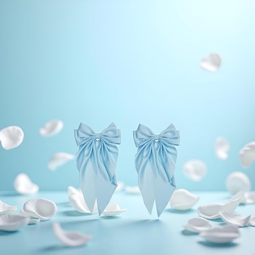 Light Blue Jumbo Silky Satin Hair Bow Barrettes with Long Tails