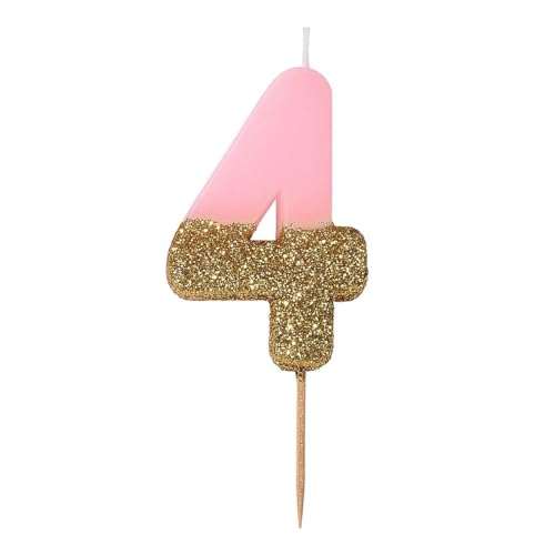 Pink Number 4 Candle with Gold Glitter for Birthday Cake Topper