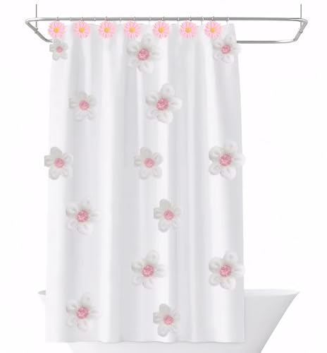 Pink Daisy Flower Shower Curtain Hooks - 12-Piece Anti-Rust Stainless Steel