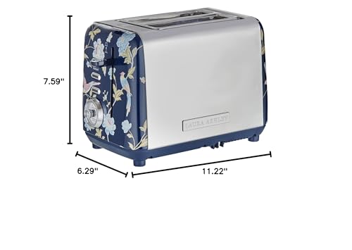 VQ Laura Ashley Elveden Navy Stainless Steel 2 Slice Toaster | Multi-Functional Bagels & Bread Toaster 2 Slice with Adjustable Heating & Defrost Mode | Featuring 2 Wide Slots, Croissant Warming Rack