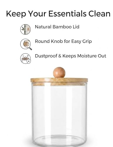 Clear Plastic Cotton Swab Holder with Bamboo Lid - Medium Organizer