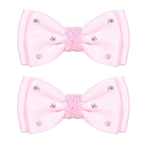 Light Pink Satin Ribbon Hair Bows with Rhinestone Alligator Clips - 2 Pack