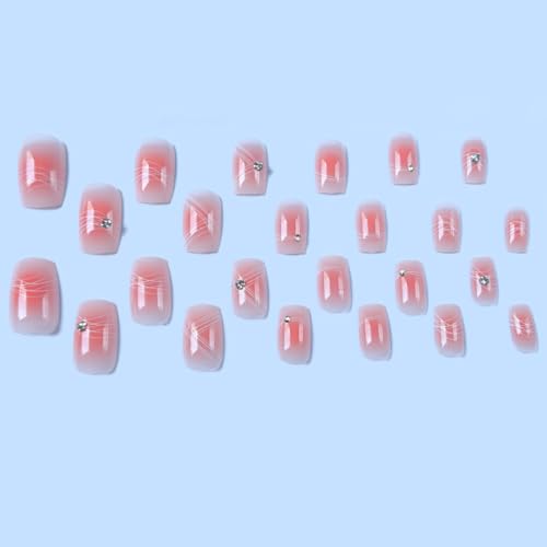 Pink Gradient Press on Nails Short Square Rhinestone False Nails Kit