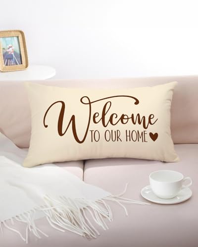 PreLiving Beige 20x12 Inch Farmhouse Welcome Pillow Cover - Rustic Lumbar Cushion Case