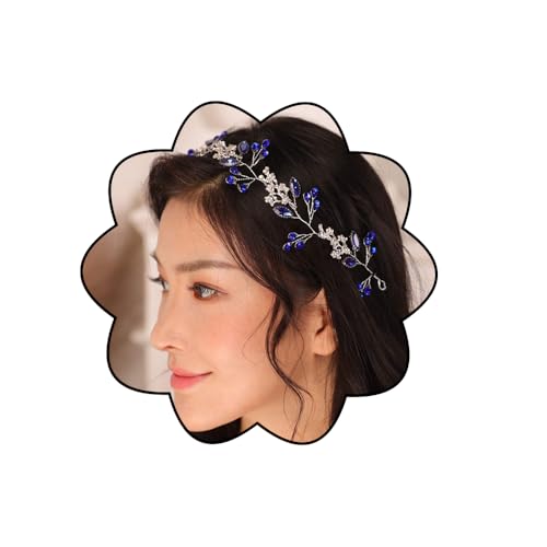 Kercisbeauty Blue Crystal Wedding Headband Silver Hair Piece for Women