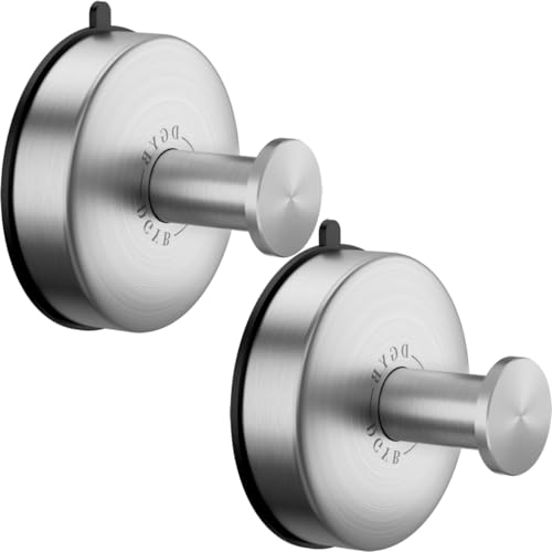 DGYB 2 Pack Brushed Nickel Suction Cup Hooks for Bathroom - Removable Wall Mount Towel & Robe Hooks