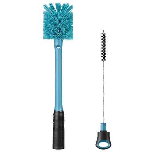 2-in-1 Water Bottle Brush and Straw Cleaner Brush, Long Handle Scrub Brush with Replaceable Head for Water Bottles, Glasswares, Mugs, Flasks, Tumblers, Vases, and Kitchen Sink, Smokey Blue