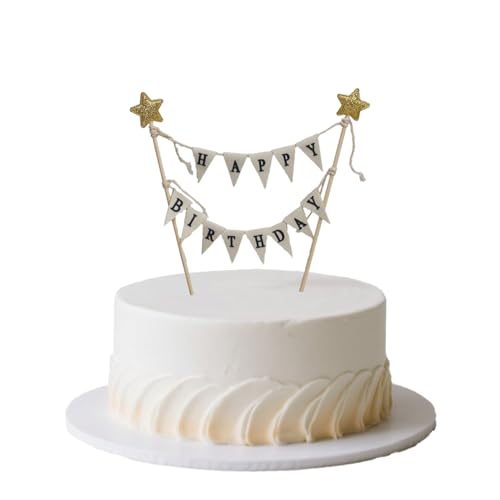 Happy Birthday Cake Topper with Golden Star - Handmade Ivory Pennant Flags