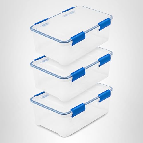 IRIS USA WeatherPro 16 Qt Storage Bins with Lids, 3 Pack, BPA-Free Plastic Gasket Box with Tight Latch and Seal, Stackable Nestable Tote Tub - Clear/Blue