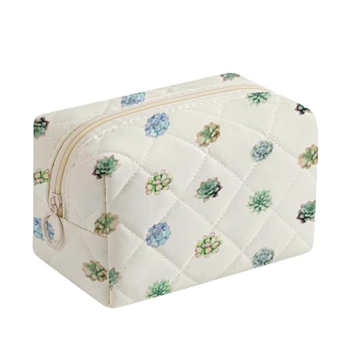 Quilted Makeup Bag Cute Succulents Cotton Cosmetic Pouch Travel Organizer