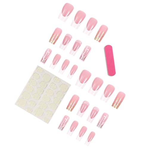 Short French Tip Press on Nails Nude Pink Square False Nails with Flowers