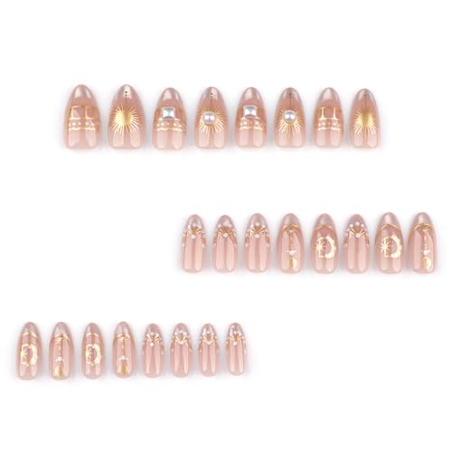 Gold Star Moon Press on Nails Short Almond False Nails 24Pcs