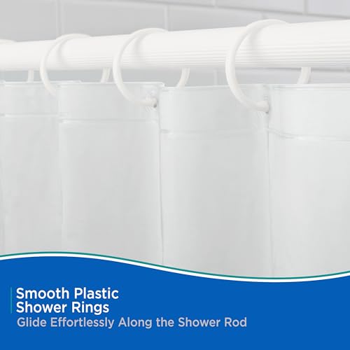 Kenney White Rust-Proof Plastic Shower Curtain Rings - Set of 12, Easy Snap Closure, Fits Standard Shower Rods, Bathroom Use