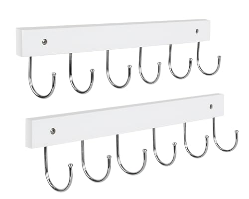 White Wall Mount Coat Rack with 6 Rotating Hooks - 14.6 inch Wooden Hanger
