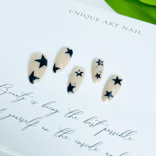 Pink French Tip Almond Press On Nails with 3D Star Charms - 24PCS