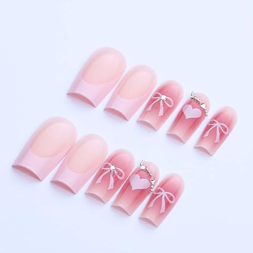 French Tip Press on Nails Medium Square with Heart Bow and Rhinestones