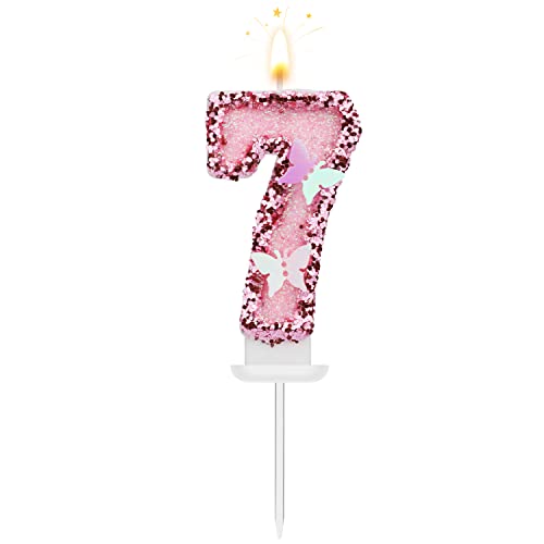 TOYMIS Number 7 Pink Birthday Candle Glitter Butterfly Cake Topper