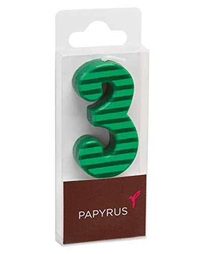 Papyrus Number 3 Green Striped Birthday Candle - 3.25" Tall