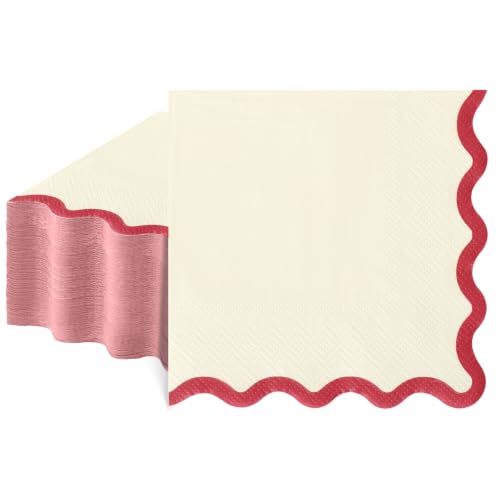 MyPartyCo Red & Ivory 3-Ply Cocktail Napkins - 80 Pack, Scalloped Edges, Party Supplies