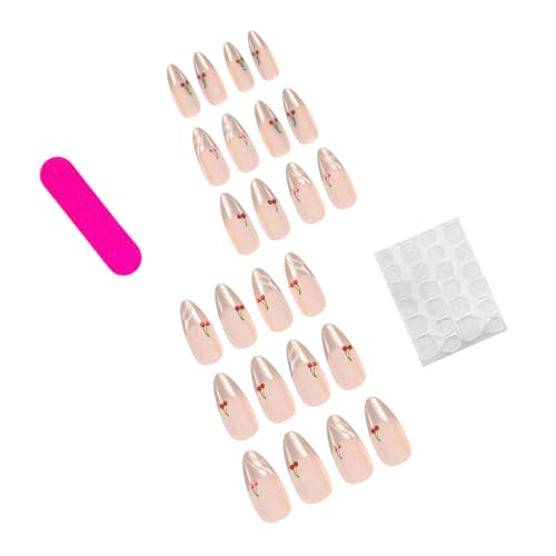 French Tip Press on Nails Medium Almond 3D Cherry False Nails