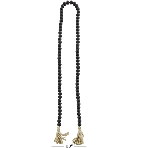Deco 79 Mango Wood Handmade Round Long Carved Beaded Garland with Tassel, 80" x 1" x 1", Black