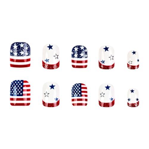 QUNQINLI Independence Day Press On Nails Short Square Star Striped Red Glitter False Nails