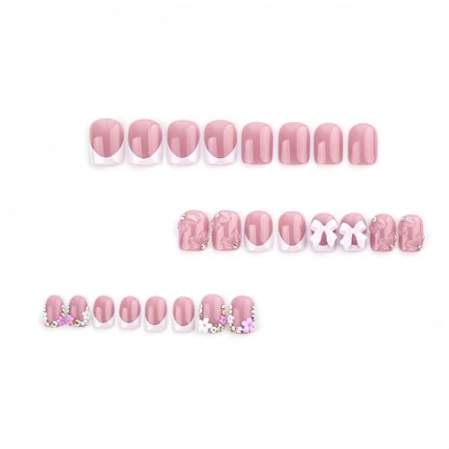 Pink Press on Nails Short Square with 3D Bow Charms and Floral Design 24Pcs