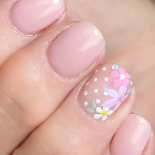 Short Square Floral Press on Nails with Pink Glitter and Glue