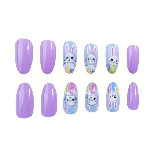 Easter Press on Nails Medium Almond Bunny Purple Glossy Fake Nails 24 Pcs