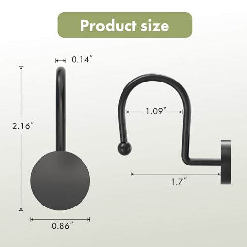 AmazerBath Modern Black Shower Curtain Hooks - Heavy Duty, Rust Proof, 12 Pcs