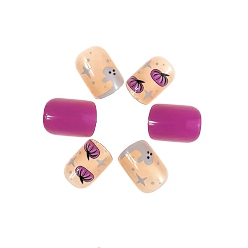 Halloween Press on Nails Short Square Cute Ghost Pumpkin Fake Nails 24 Pcs