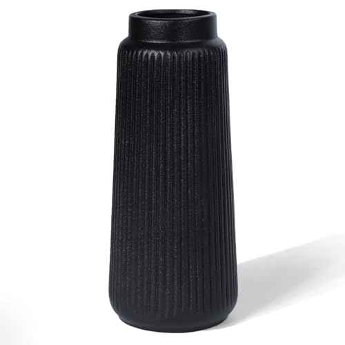 CheeryStow Matte Black 8-Inch Ceramic Vase - Conical Ribbed Flower Holder