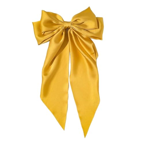 Jumbo Satin Bow Hair Clip with Long Tails Yellow Barrette
