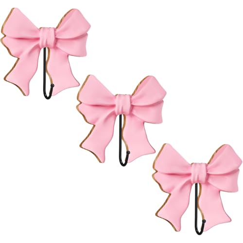 Pink Bow Coat Hooks - 3 Pack Wooden Wall-Mounted Hangers