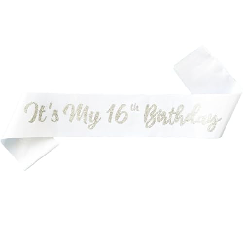 It's My 16th Birthday Satin Sash with Silver Glitter Letters, White