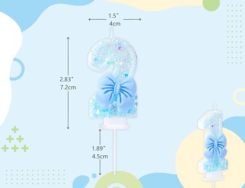 Number 2 Birthday Candle with Blue Bow - 3D Glitter Cake Topper