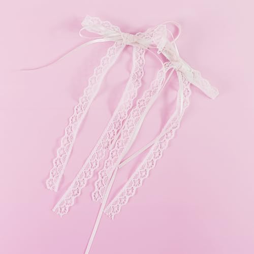 White Lace Hair Bow with Long Tail - Coquette Hair Clip Pair