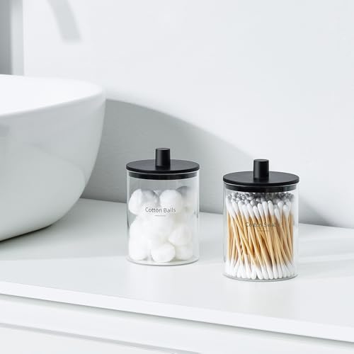 TIPGO Glass Q-Tip Holder Dispenser, 10 oz Bathroom Storage Jar (2 Pack, Black)