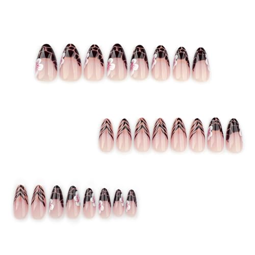Floral Press on Almond Nails Glossy Medium False Nails with Charms