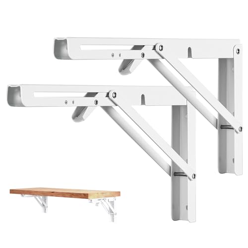 Paysky 8 Inch White Folding Shelf Brackets Set of 2 Heavy Duty Wall-Mounted Space Saving DIY