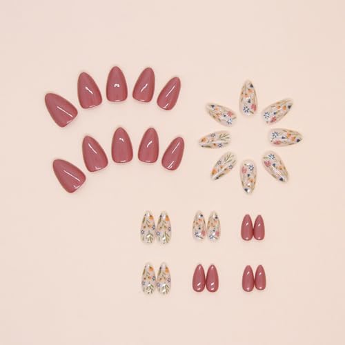 Press on Nails Almond Medium Floral Fake Nails Reusable 30Pcs