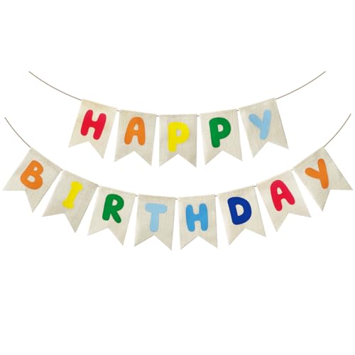Pre-Strung Burlap Happy Birthday Banner - Colorful Party Decor