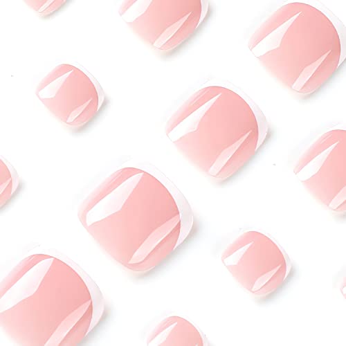 Short Pink Press On Toenails White French Tips Square False Toe Nails